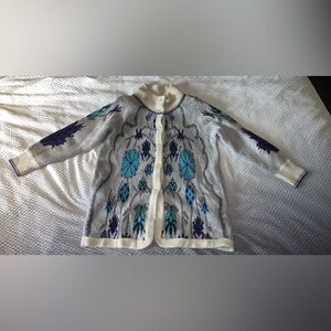 Andrea Behar Cream, Purple and Blue Patterned Cardigan Size Large